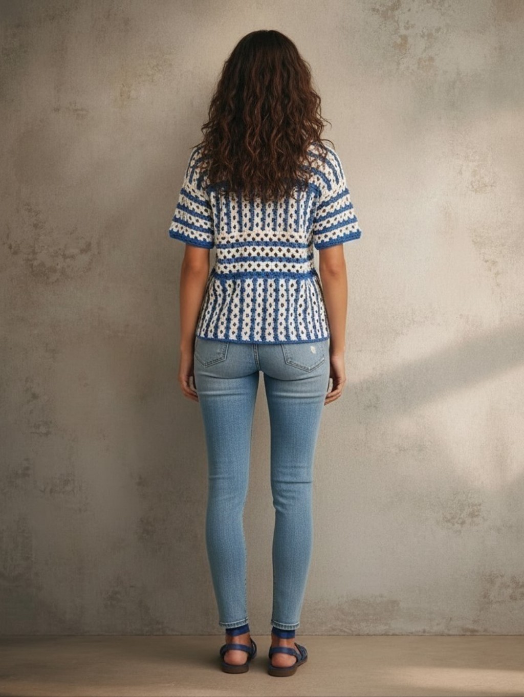 Nwt Proche Open Crochet Polo Knit Top In White And Blue, Small — image 5 of 8